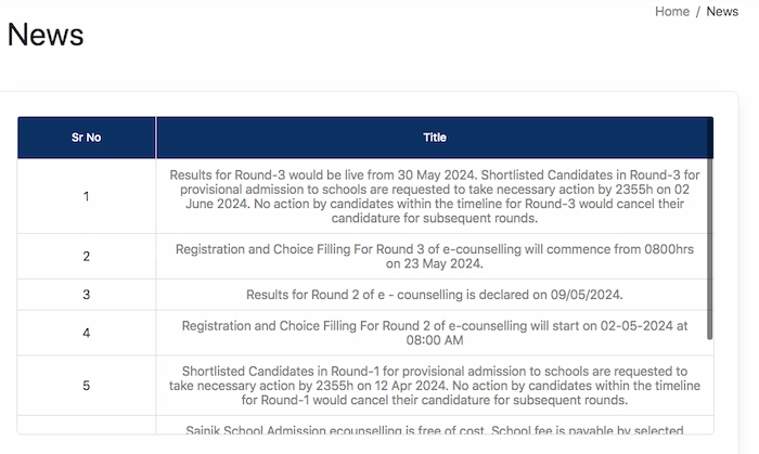Sainik School counselling round 3 result notice